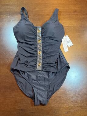 NWT Beyond Control Black One Piece Swimsuit 14 Gold Button Luxury Swim